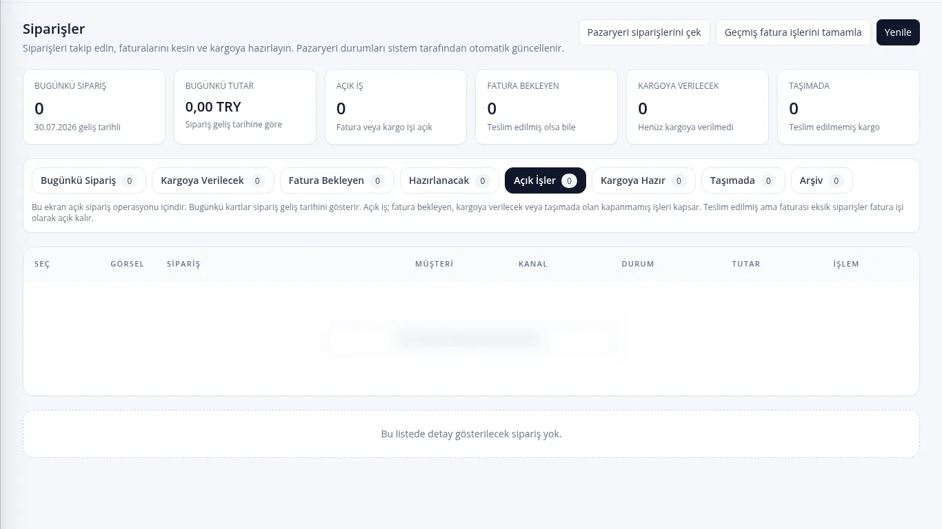 Simurgh ERP Sipariş yönetimi ekranı